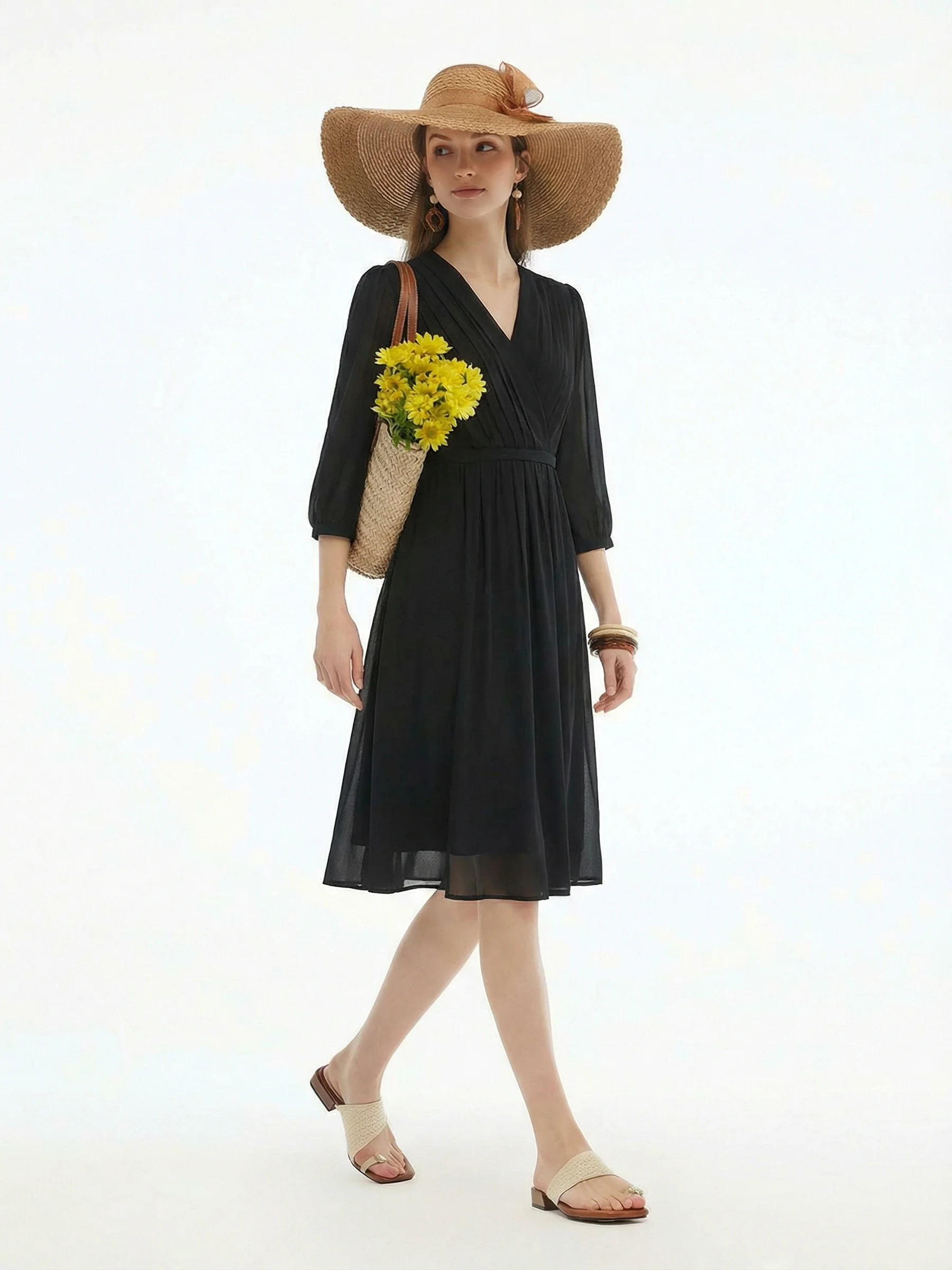V-Neck Pleated Lace Up Wrap Midi Dress - Image 32
