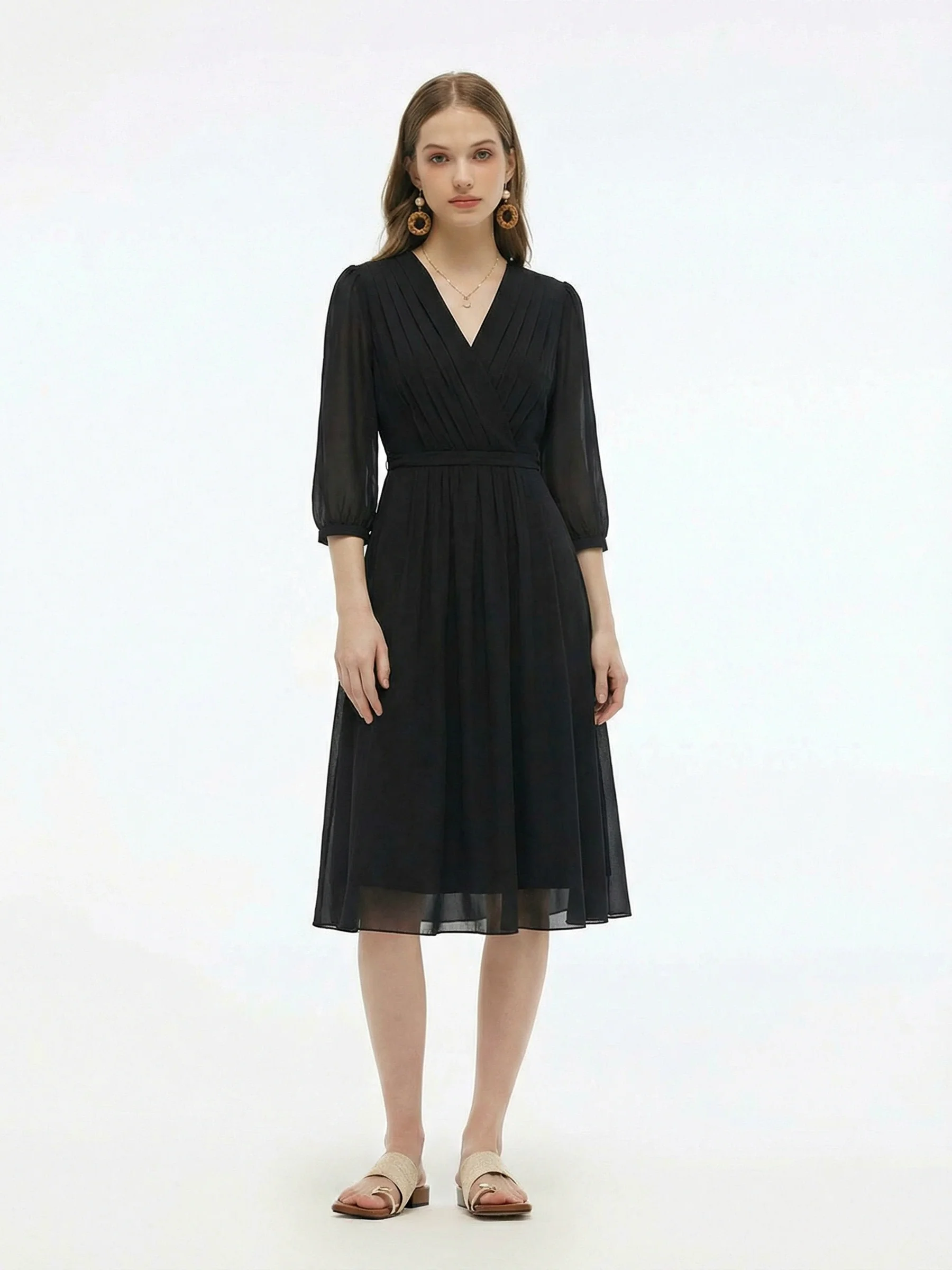 V-Neck Pleated Lace Up Wrap Midi Dress - Image 33