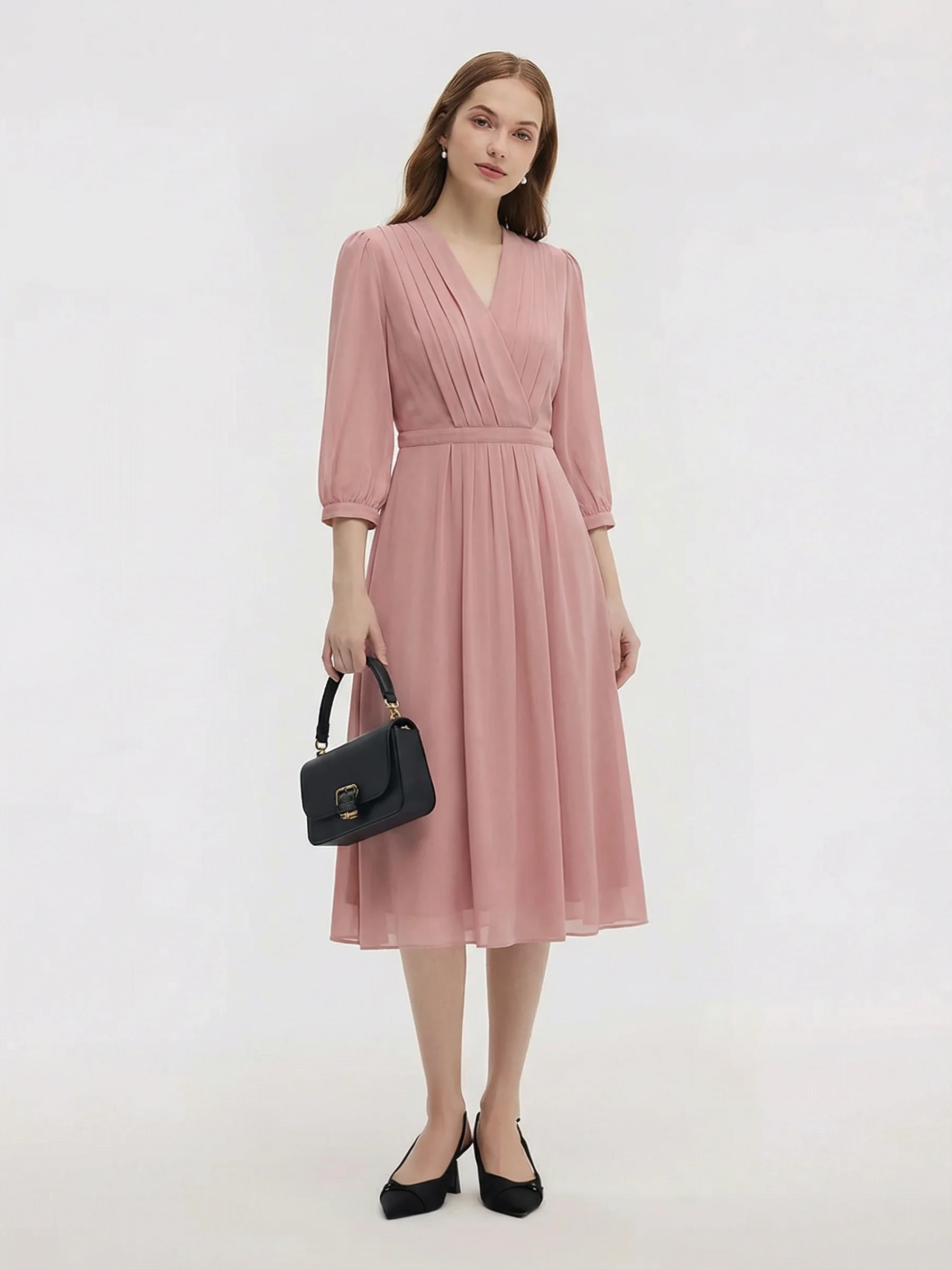 V-Neck Pleated Lace Up Wrap Midi Dress - Image 34