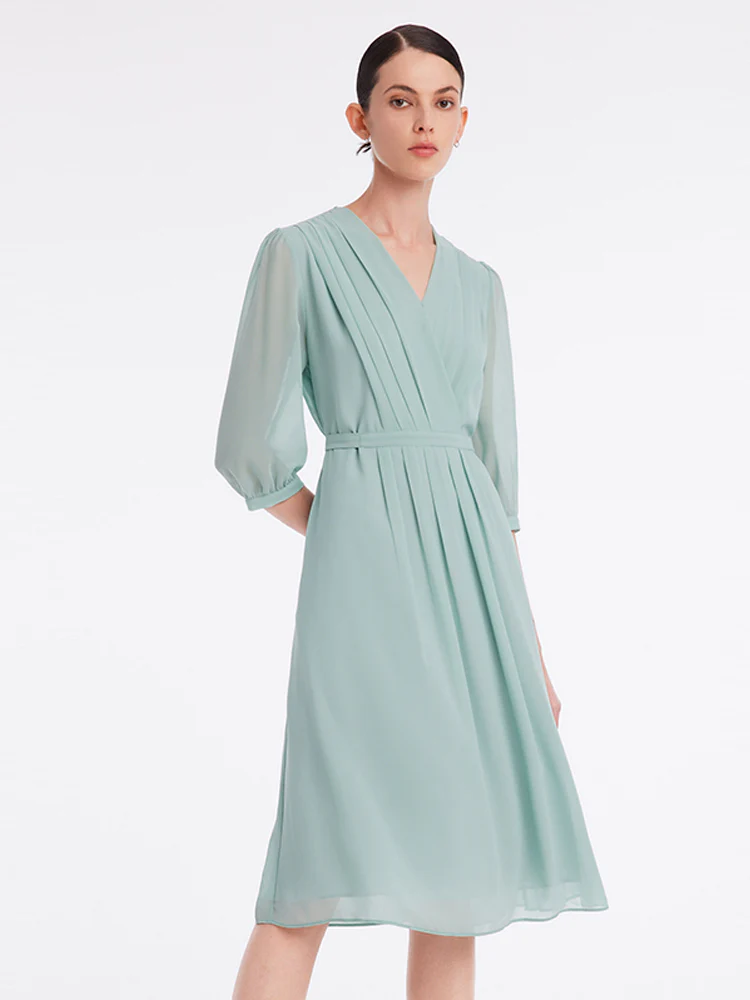 V-Neck Pleated Lace Up Wrap Midi Dress - Image 4