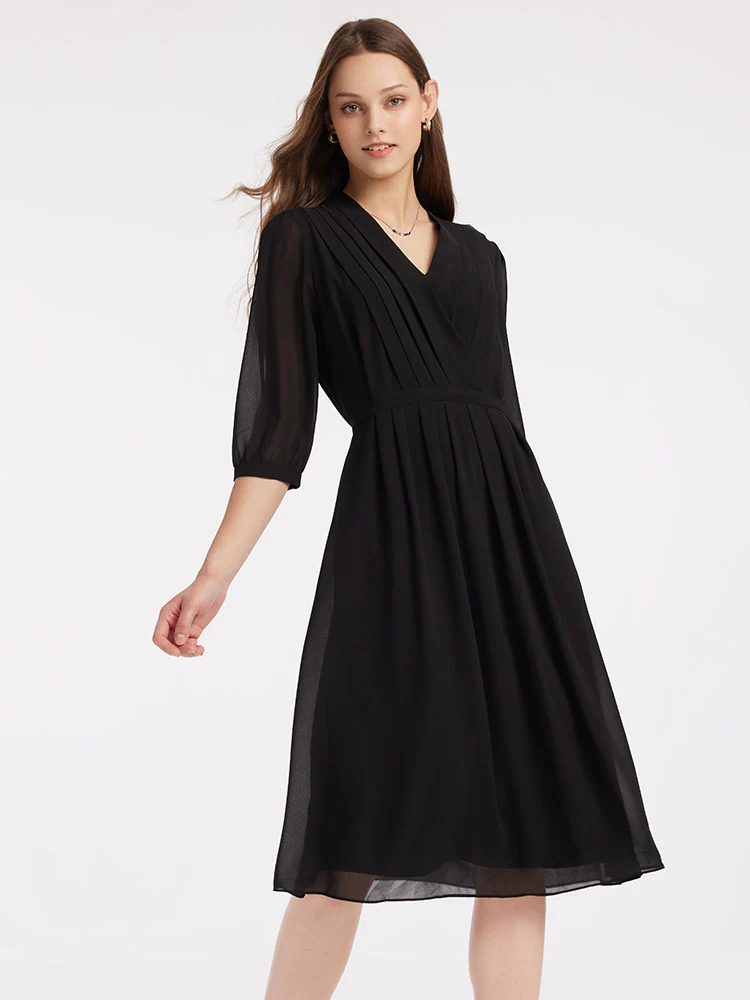 V-Neck Pleated Lace Up Wrap Midi Dress - Image 5
