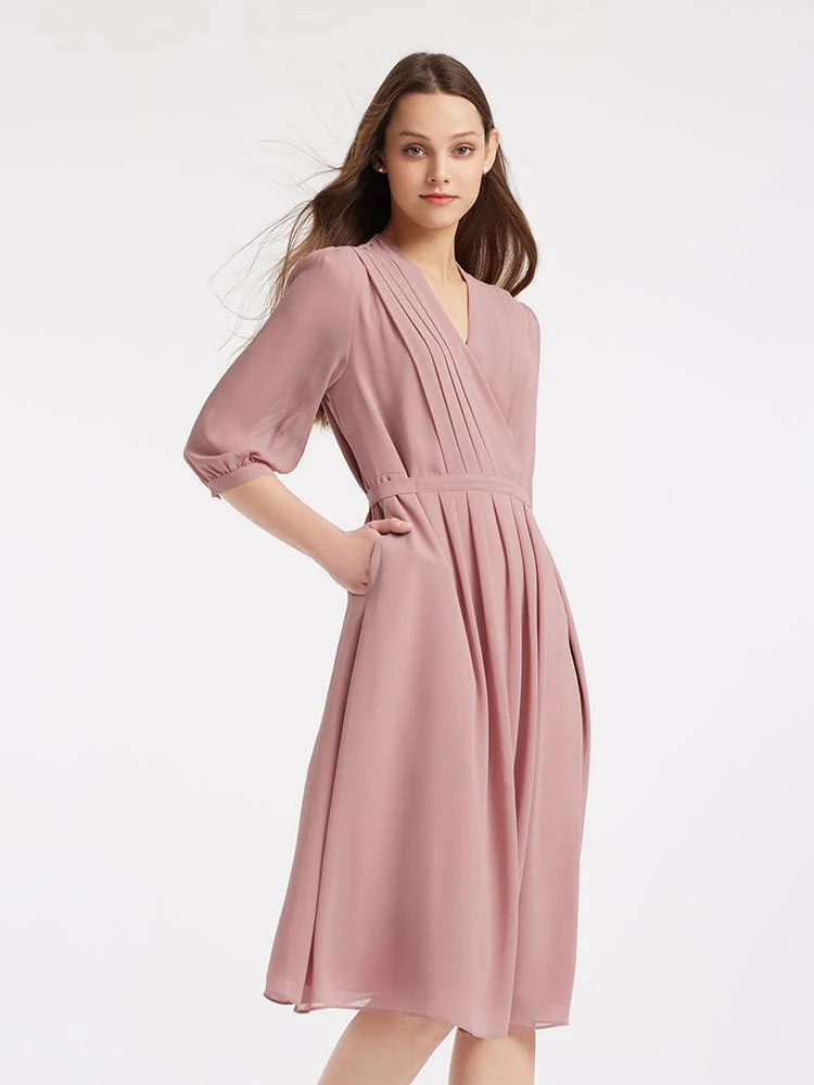 V-Neck Pleated Lace Up Wrap Midi Dress - Image 6