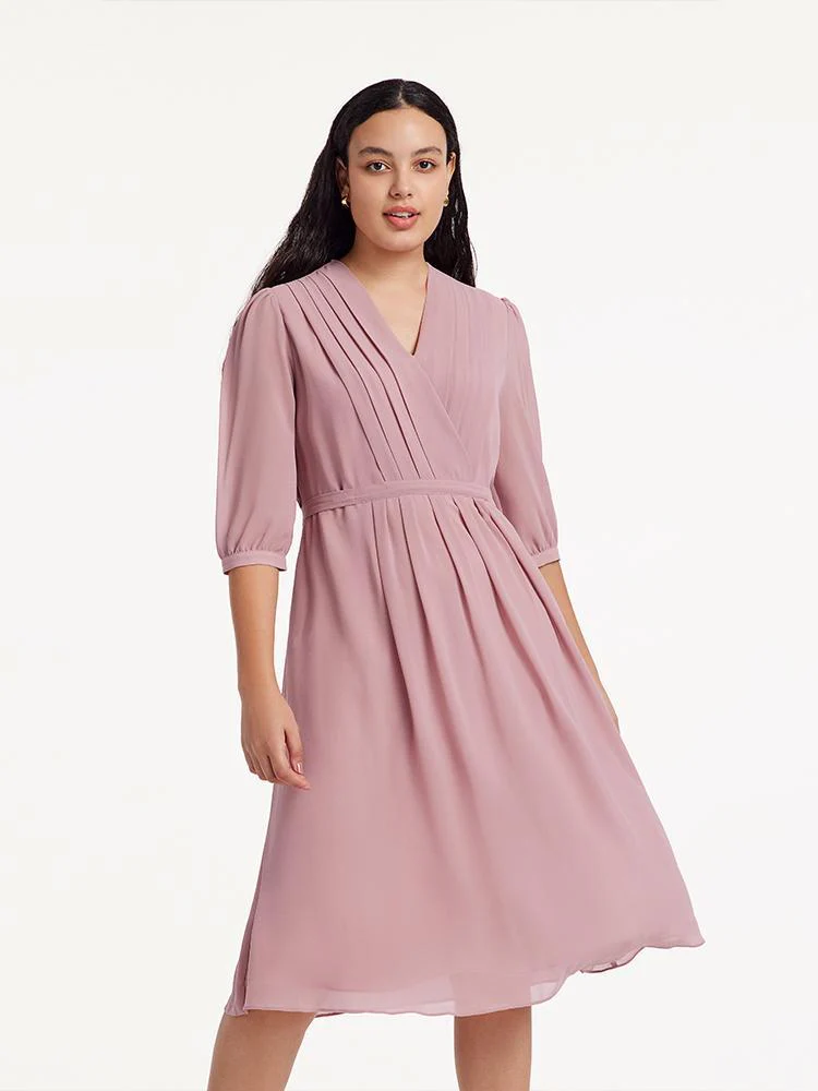 V-Neck Pleated Lace Up Wrap Midi Dress - Image 9