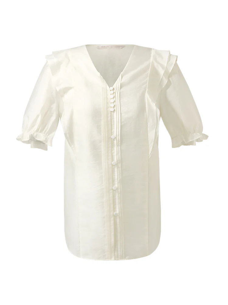 Lyocell V-Neck Ruffle Puff Sleeves Women Blouse - Image 7