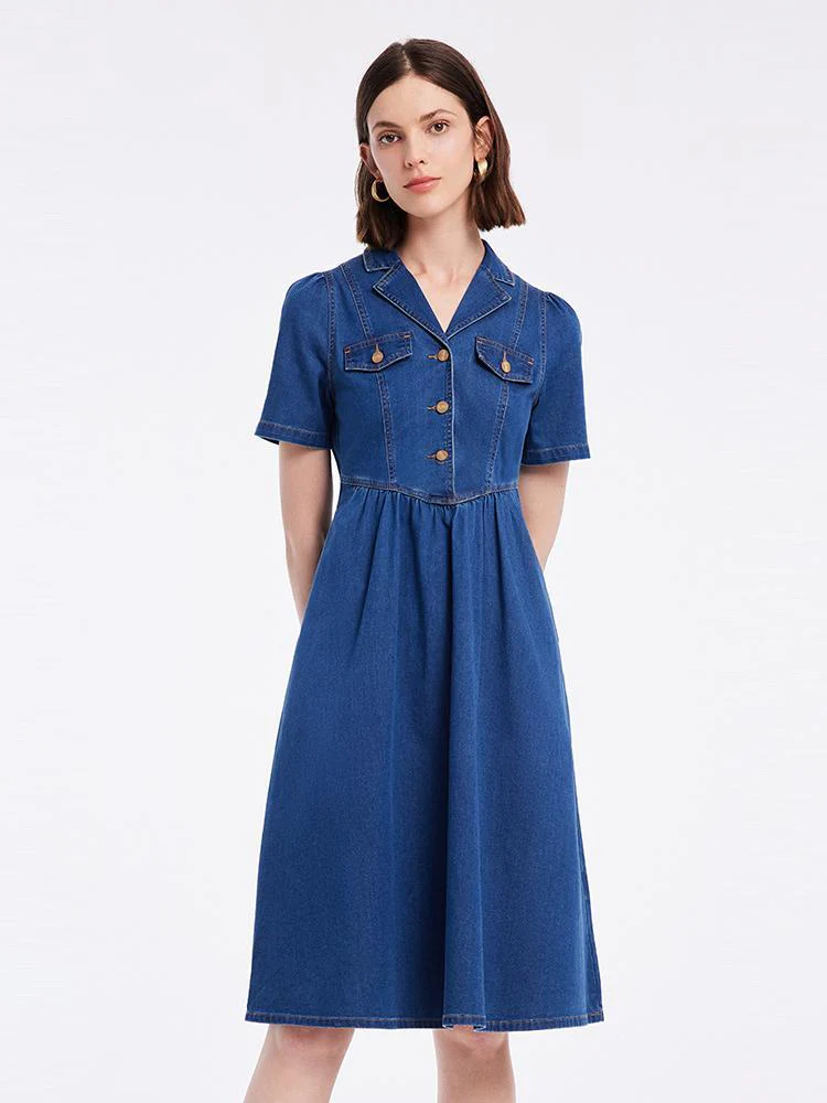 V-neck Gathered Waist Denim Midi Collared Dress - Image 3