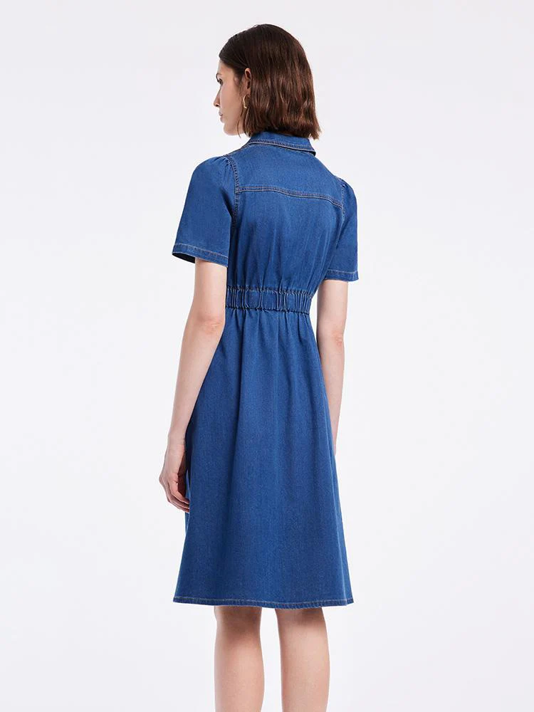V-neck Gathered Waist Denim Midi Collared Dress - Image 4