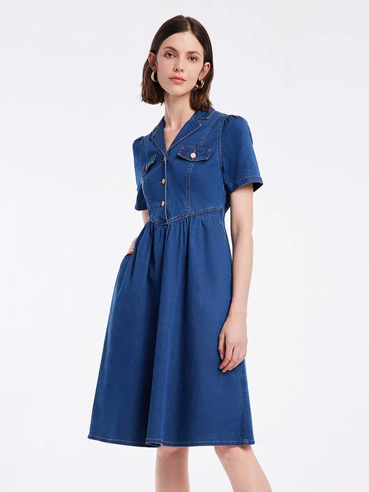 V-neck Gathered Waist Denim Midi Collared Dress - Image 5