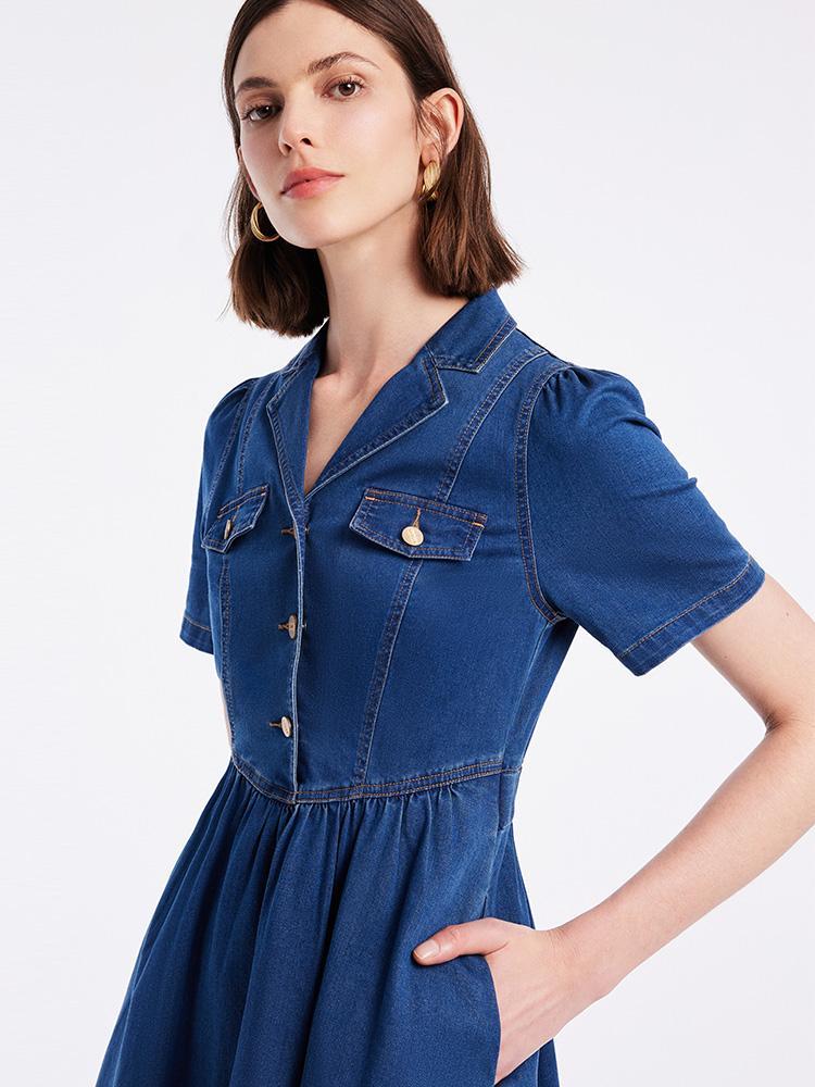 V-neck Gathered Waist Denim Midi Collared Dress - Image 6