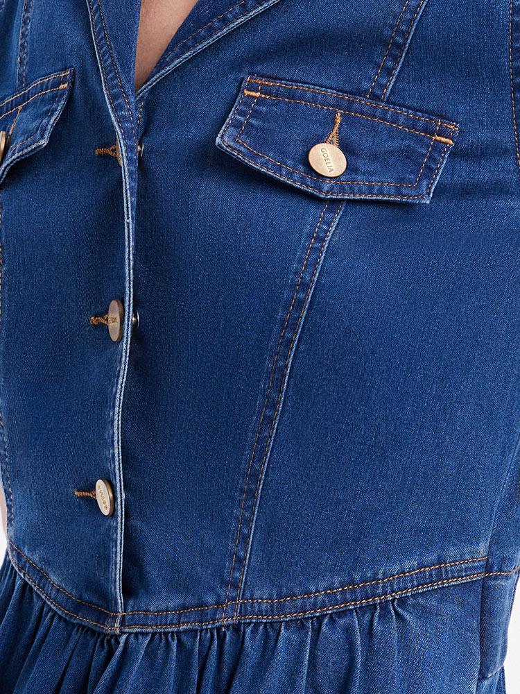 V-neck Gathered Waist Denim Midi Collared Dress - Image 7