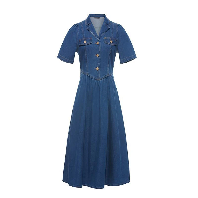 V-neck Gathered Waist Denim Midi Collared Dress - Image 8