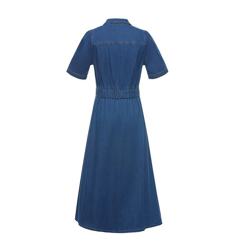 V-neck Gathered Waist Denim Midi Collared Dress - Image 9