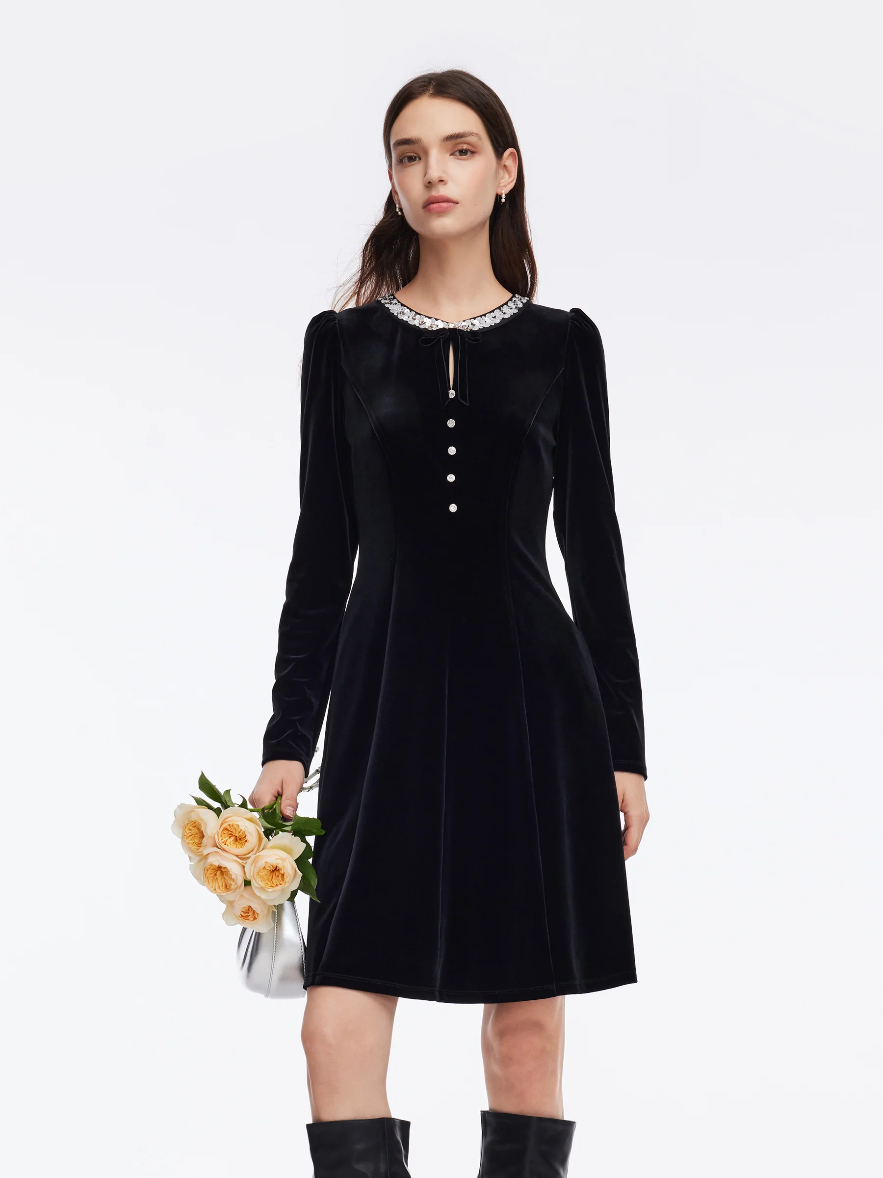 Velvet Sequined Round Neck Women Mini Dress