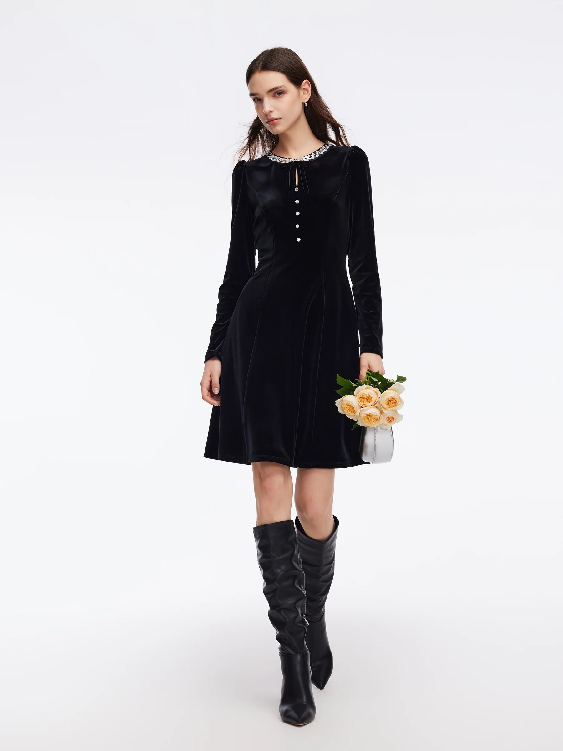 Velvet Sequined Round Neck Women Mini Dress - Image 2