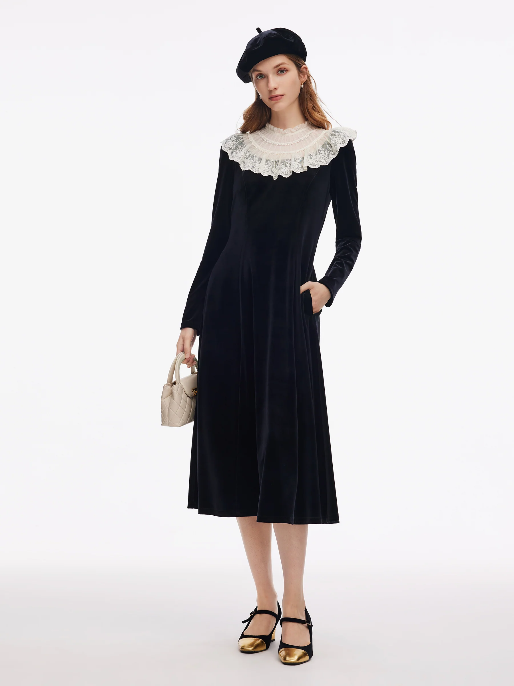 Velvet Sheer Lace Collar Women Midi Dress With Beret