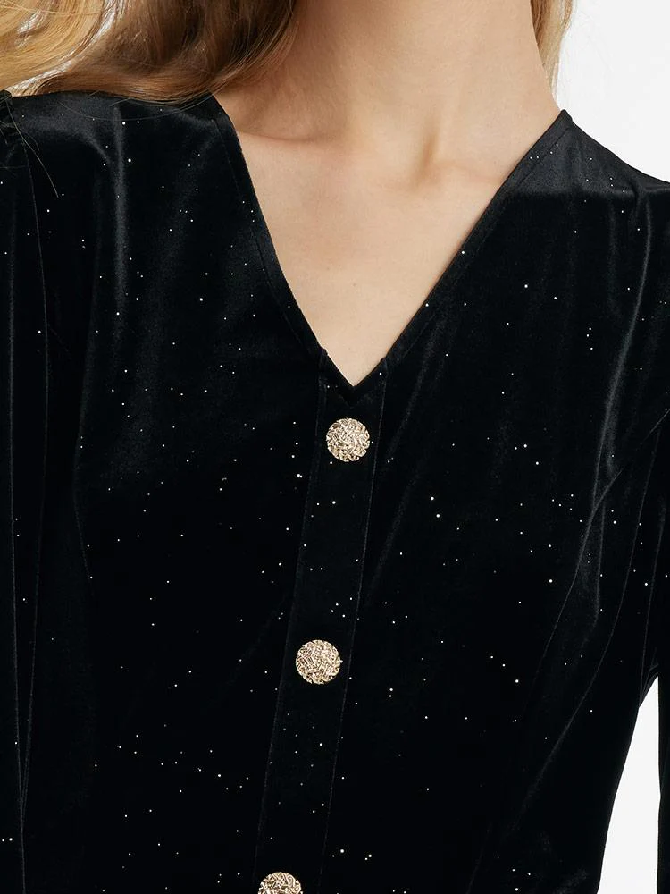 Velvet V-Neck Women Dress With Chain Belt - Image 2