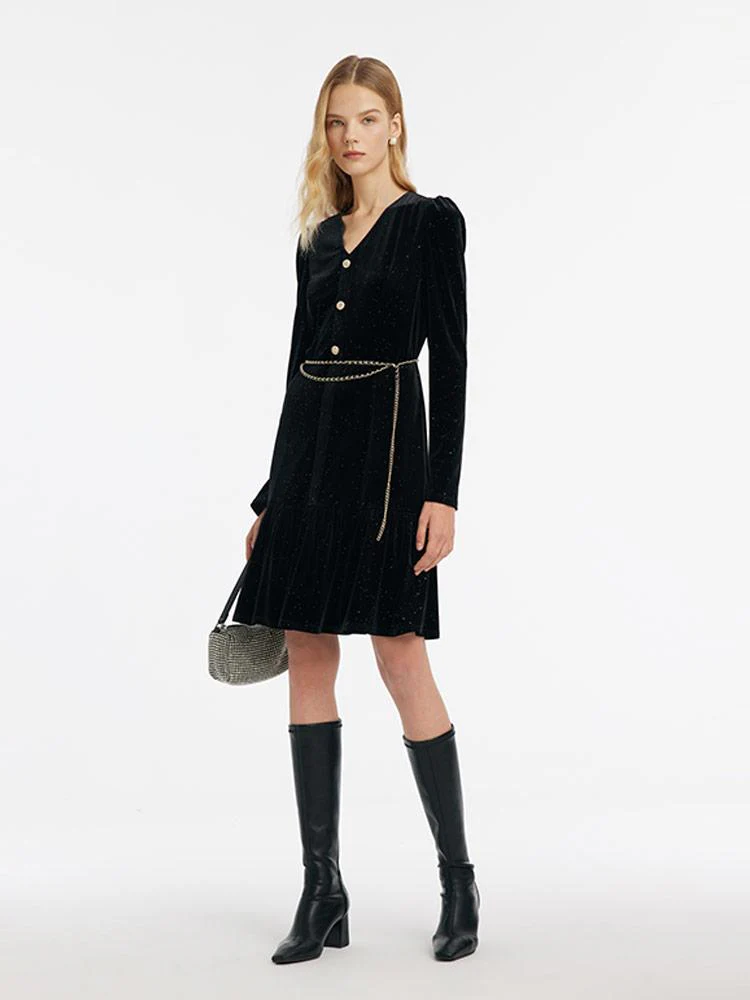Velvet V-Neck Women Dress With Chain Belt - Image 3