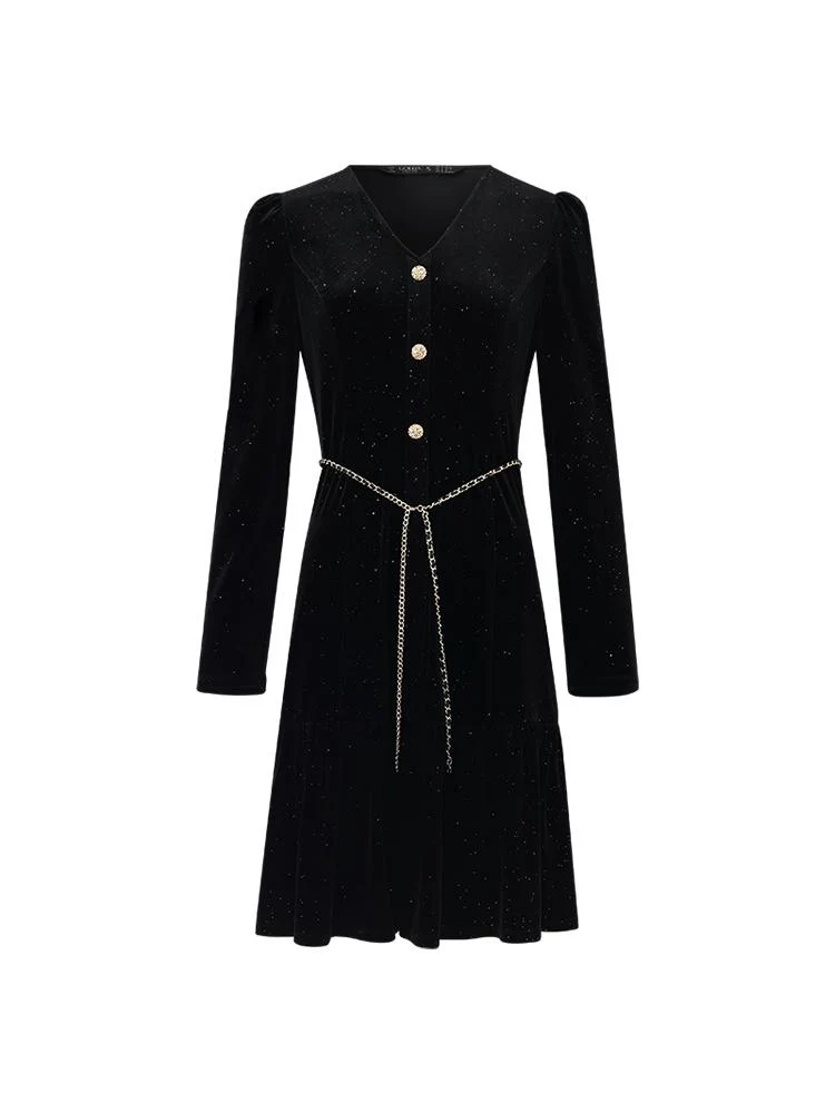 Velvet V-Neck Women Dress With Chain Belt - Image 7