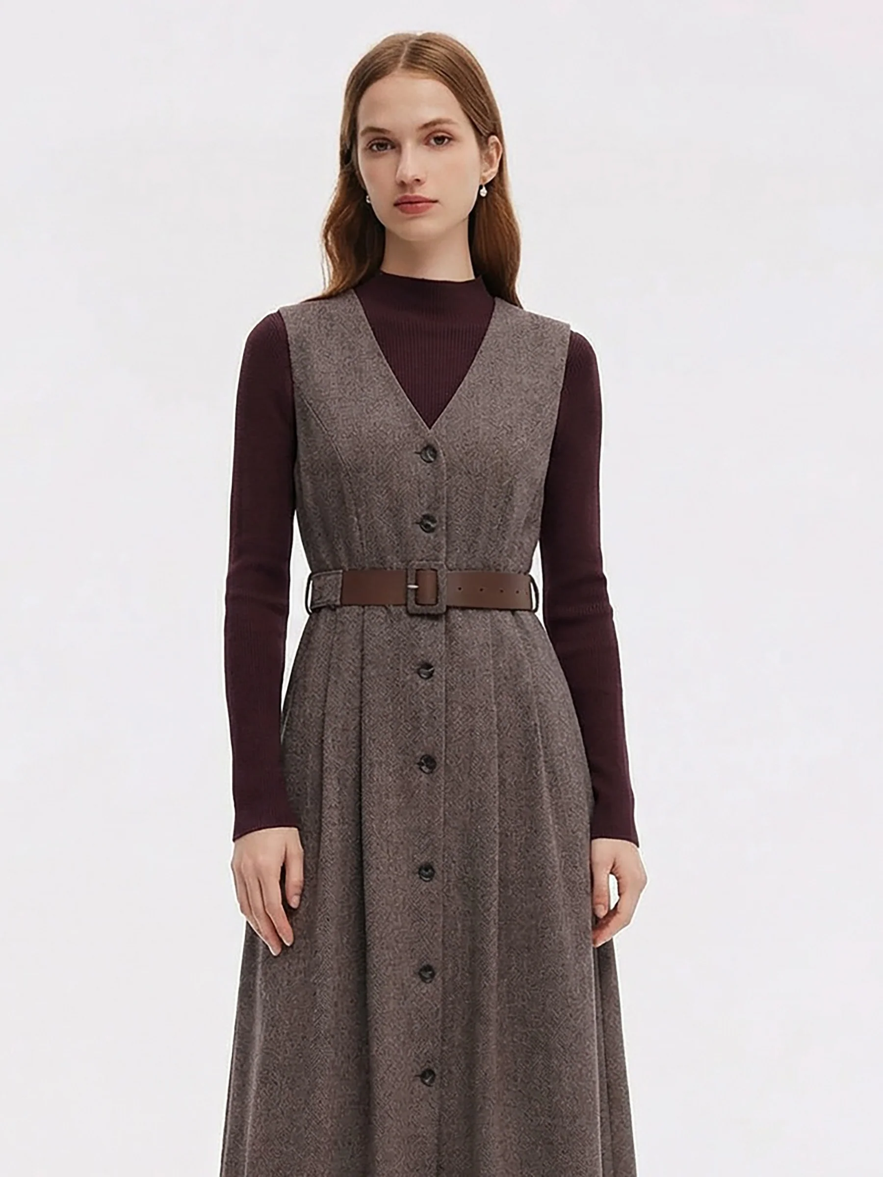 Washable Wool Vest Dress And Mock Neck Knit Top Two-Piece Set With Belt - Image 3