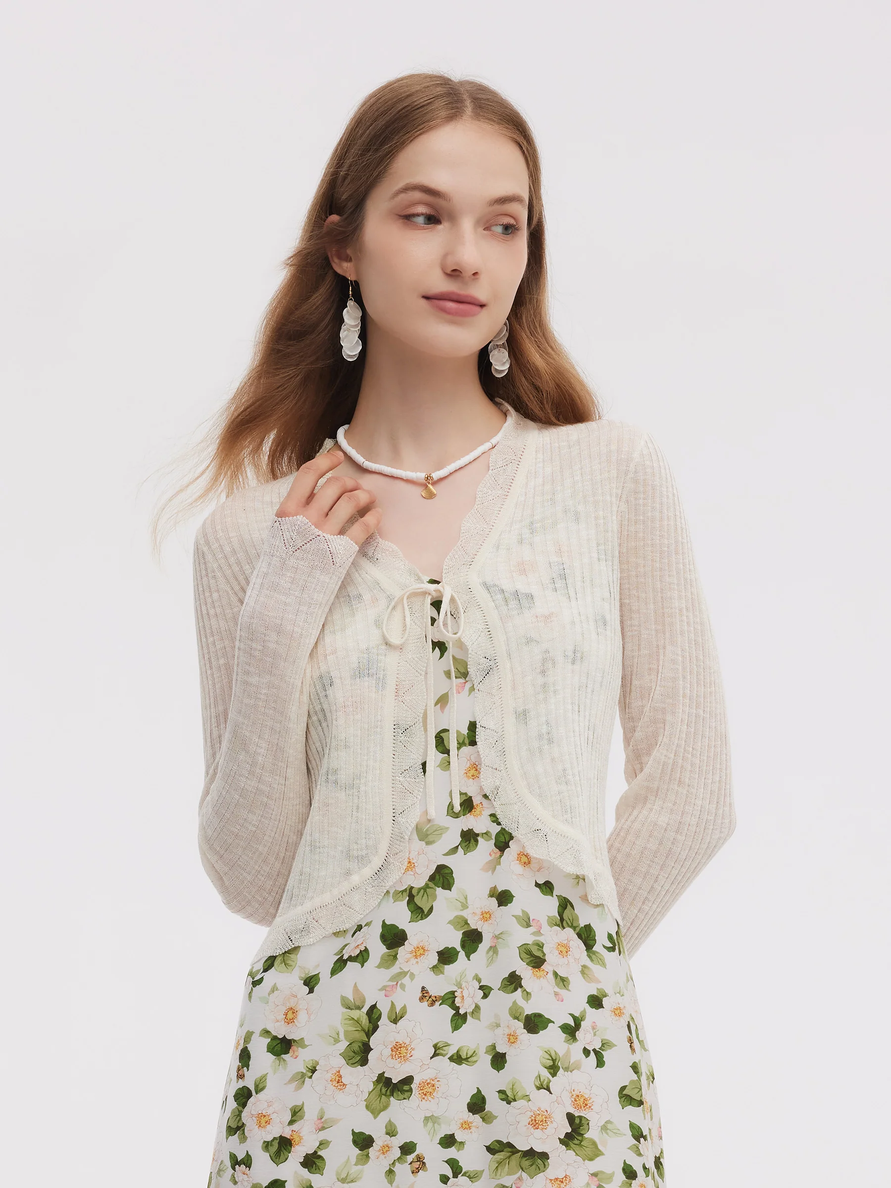 Wavy Trim Tie Front Women Cardigan