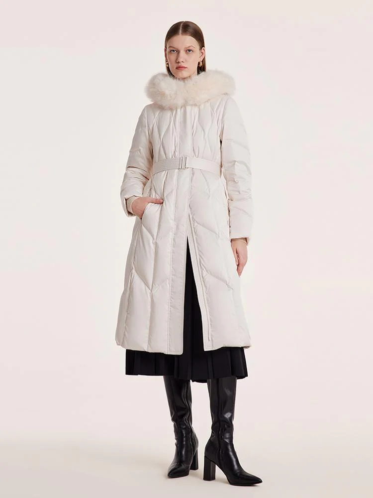 Gathered Waist Long Goose Down Garment With Faux-Fur Collar - Image 2