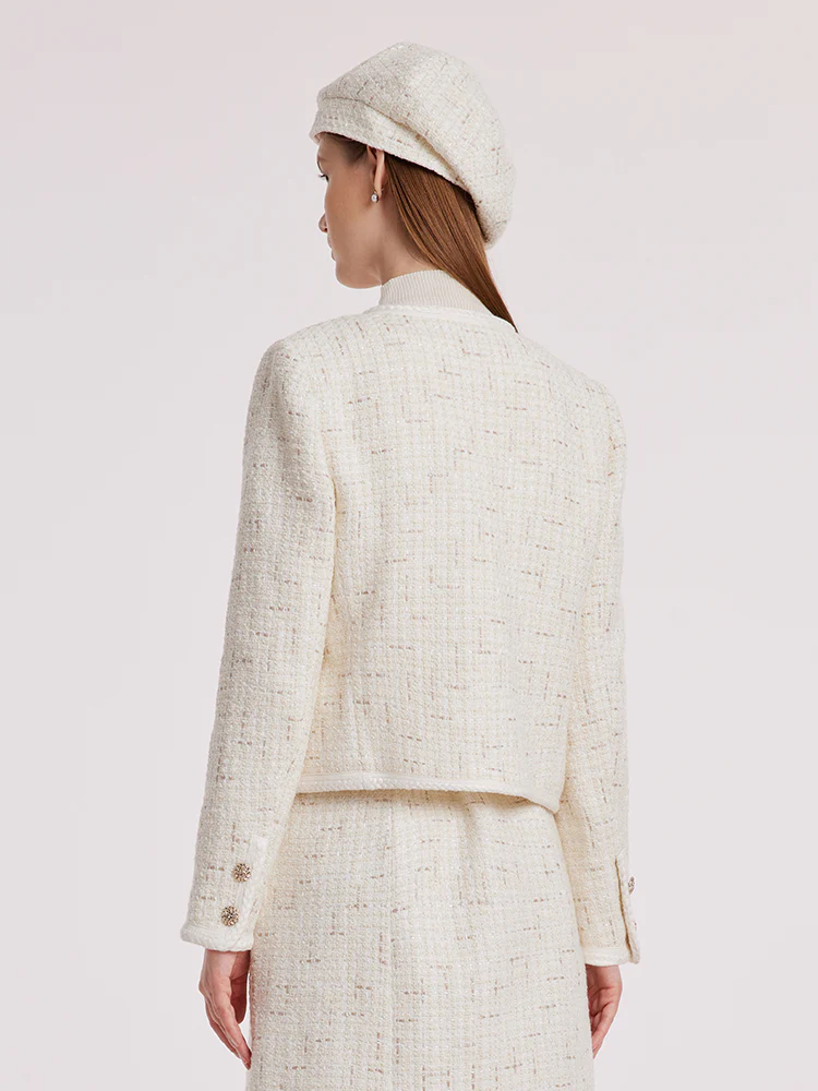 White Knitted Tweed Crop Jacket - Image 4