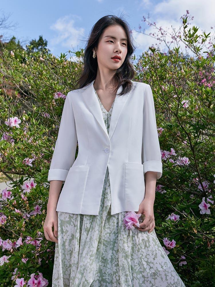 White Triacetate Three Quarter Sleeve Slim Women Blazer - Image 4