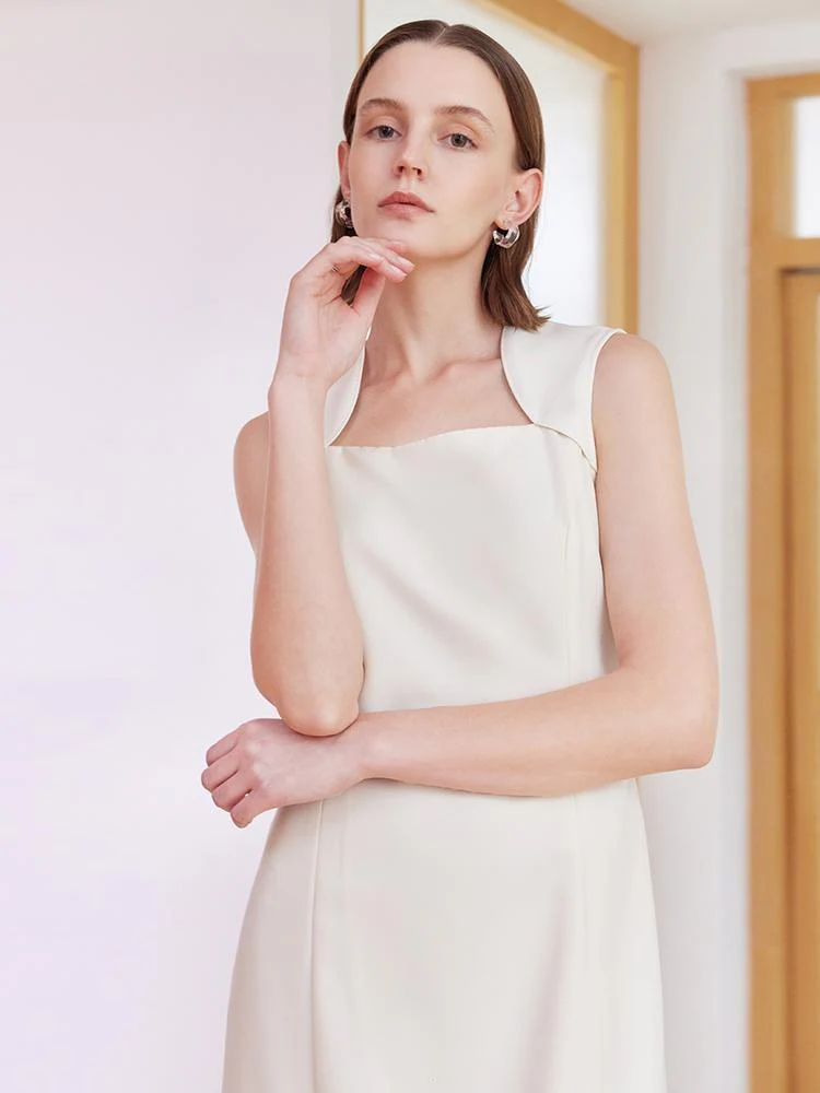 White Slim Midi Tailored Wool Dress - Image 5