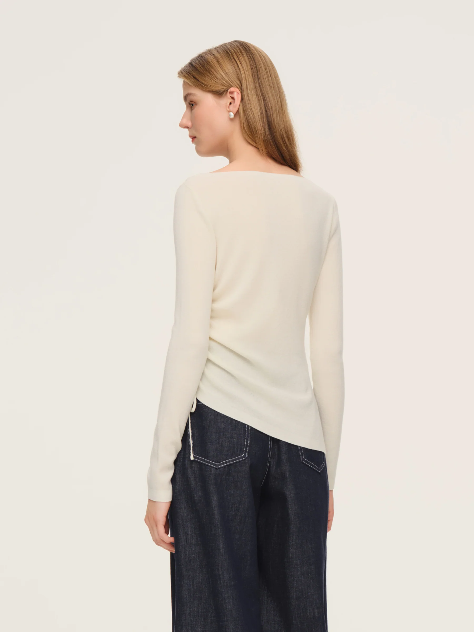 Wool Acetate Blend Boat Neck Side Drawstring Women Knit Top - Image 4