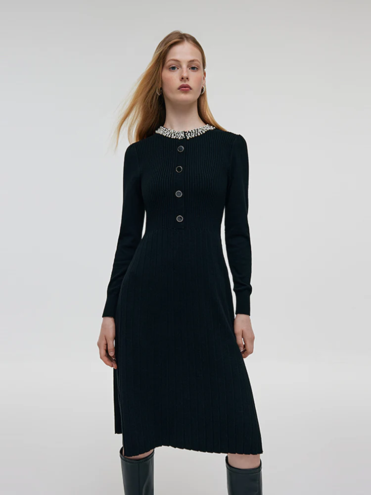 Wool Blend Beaded Neck Women Midi Dress - Image 2