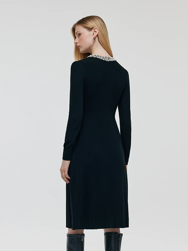 Wool Blend Beaded Neck Women Midi Dress - Image 3