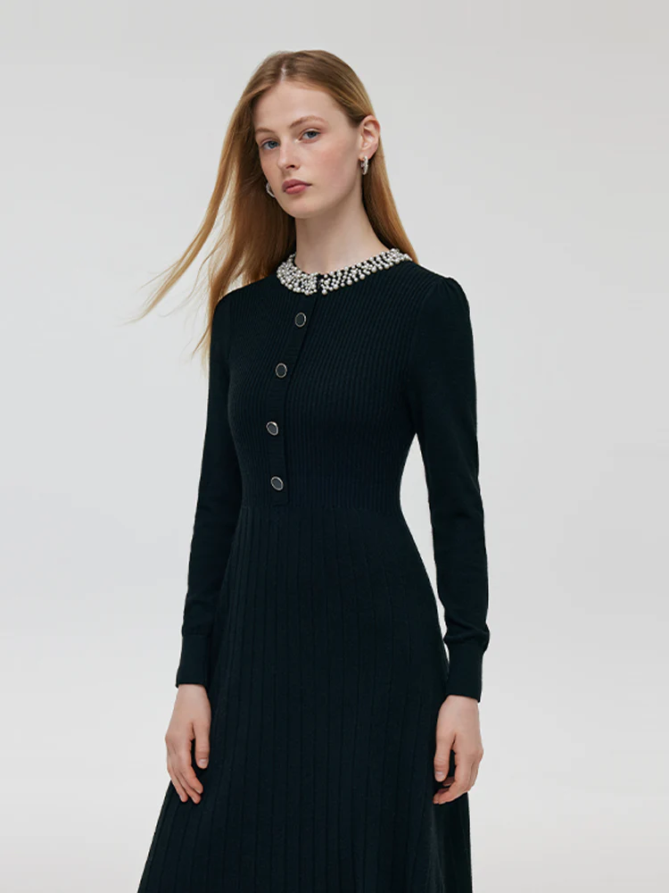 Wool Blend Beaded Neck Women Midi Dress - Image 4
