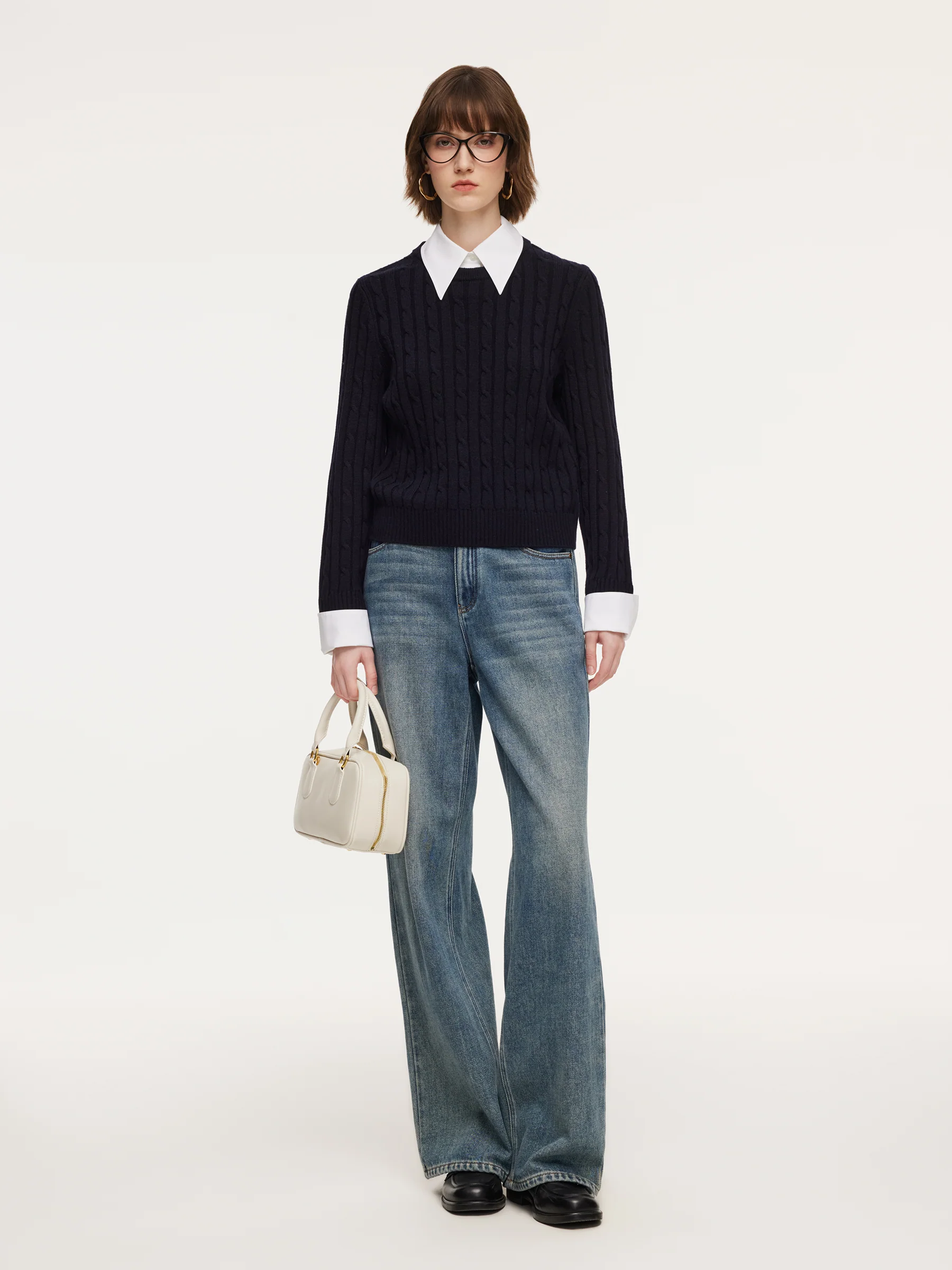 Wool Blend Cable Knit Women Sweater With Detachable Collar And Cuffs - Image 2