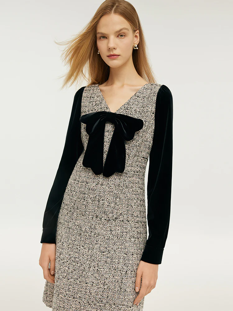 Wool Blend Patchwork Velvet Women Mini Dress With Detachable Bowknot - Image 5