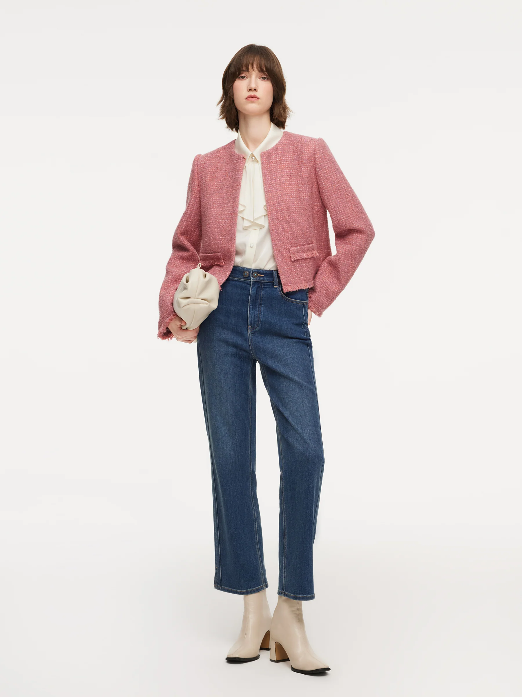 Wool Blend Tweed Frayed Hem Women Jacket - Image 3