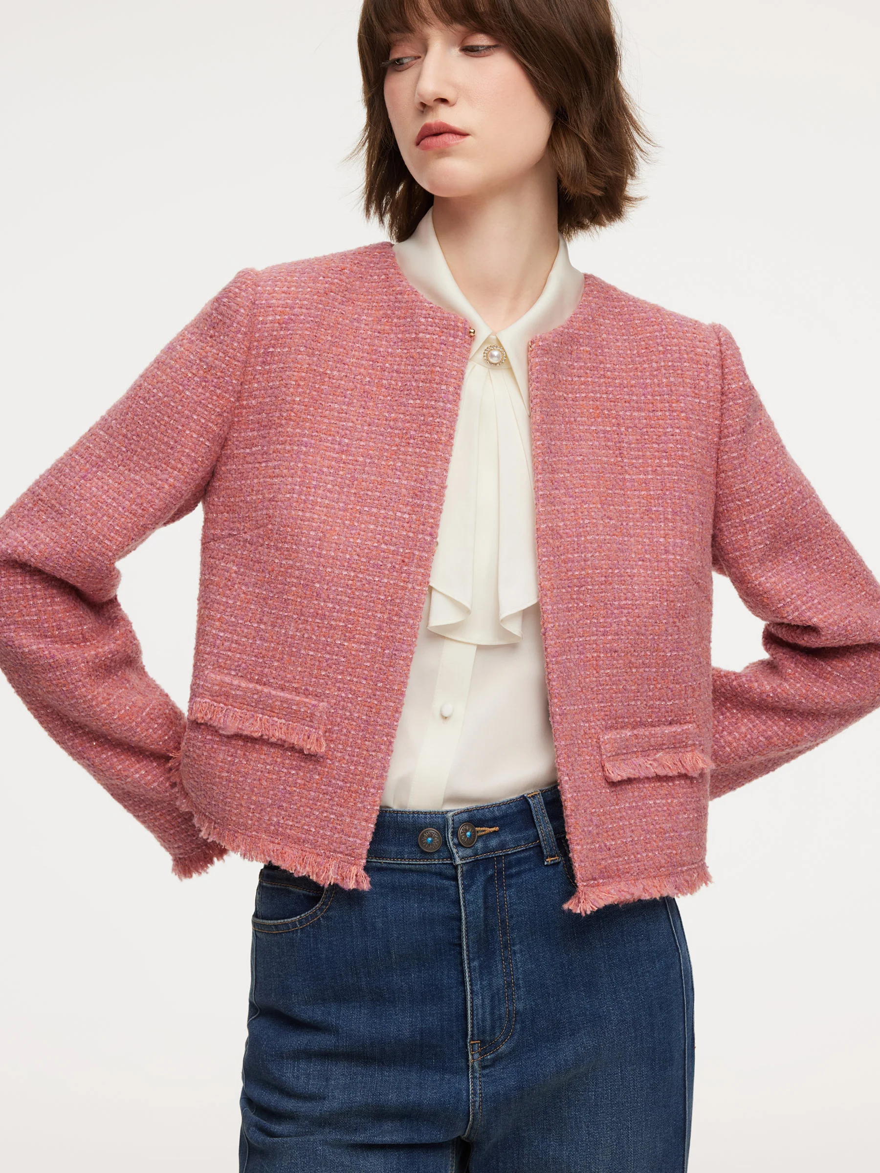 Wool Blend Tweed Frayed Hem Women Jacket - Image 5