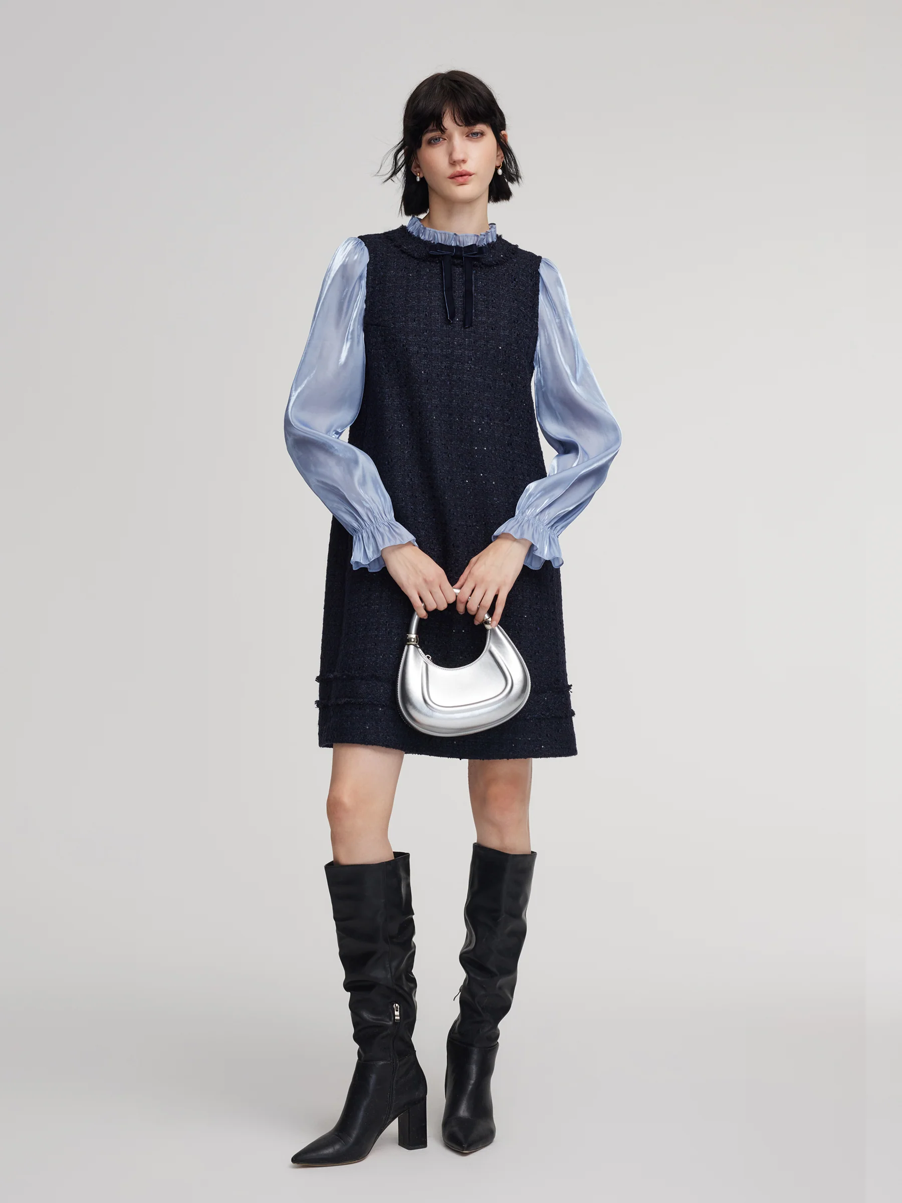 Wool Blend Tweed Sequins Faux-Layered Women Mini Dress - Image 2