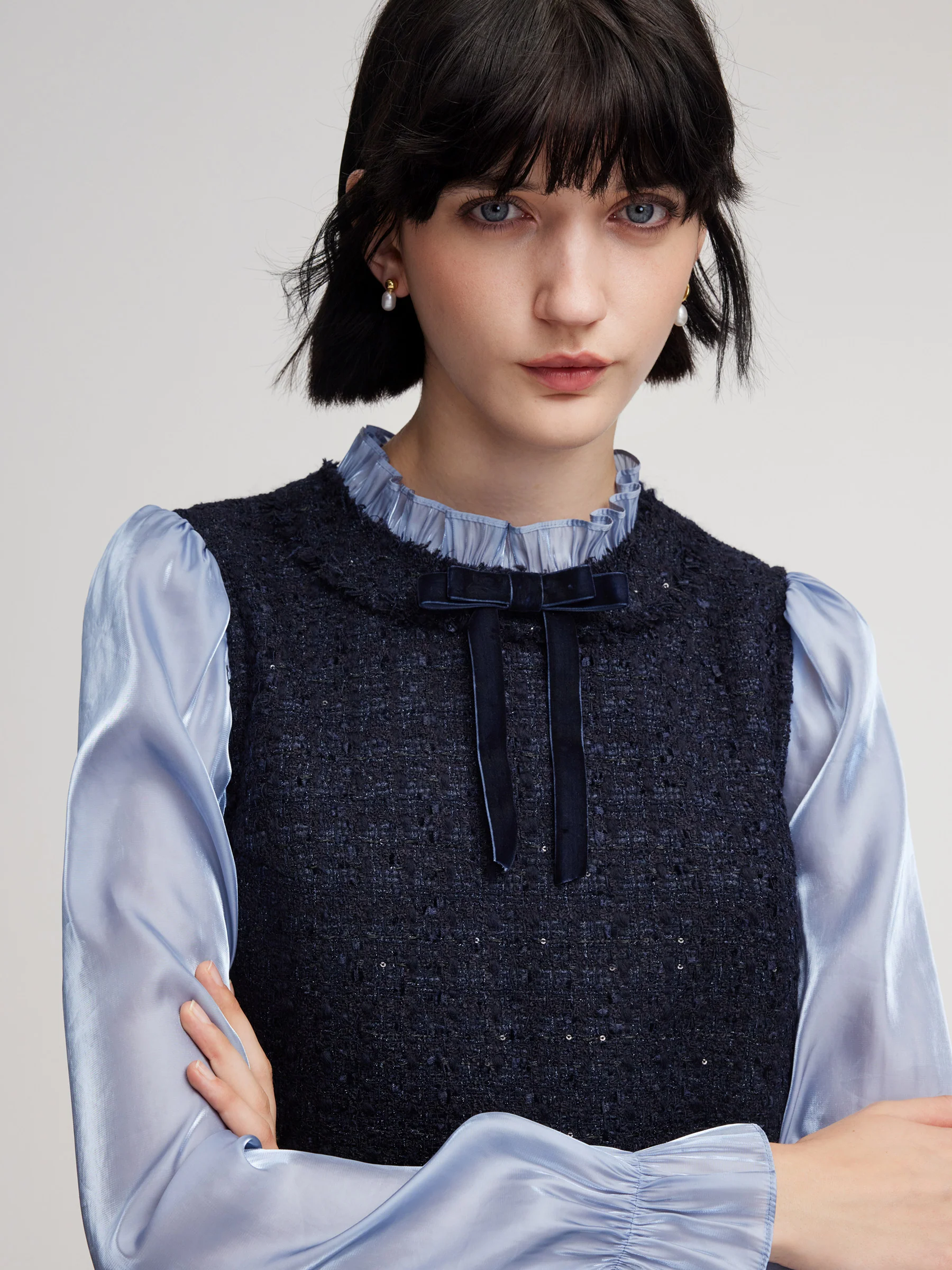 Wool Blend Tweed Sequins Faux-Layered Women Mini Dress - Image 5