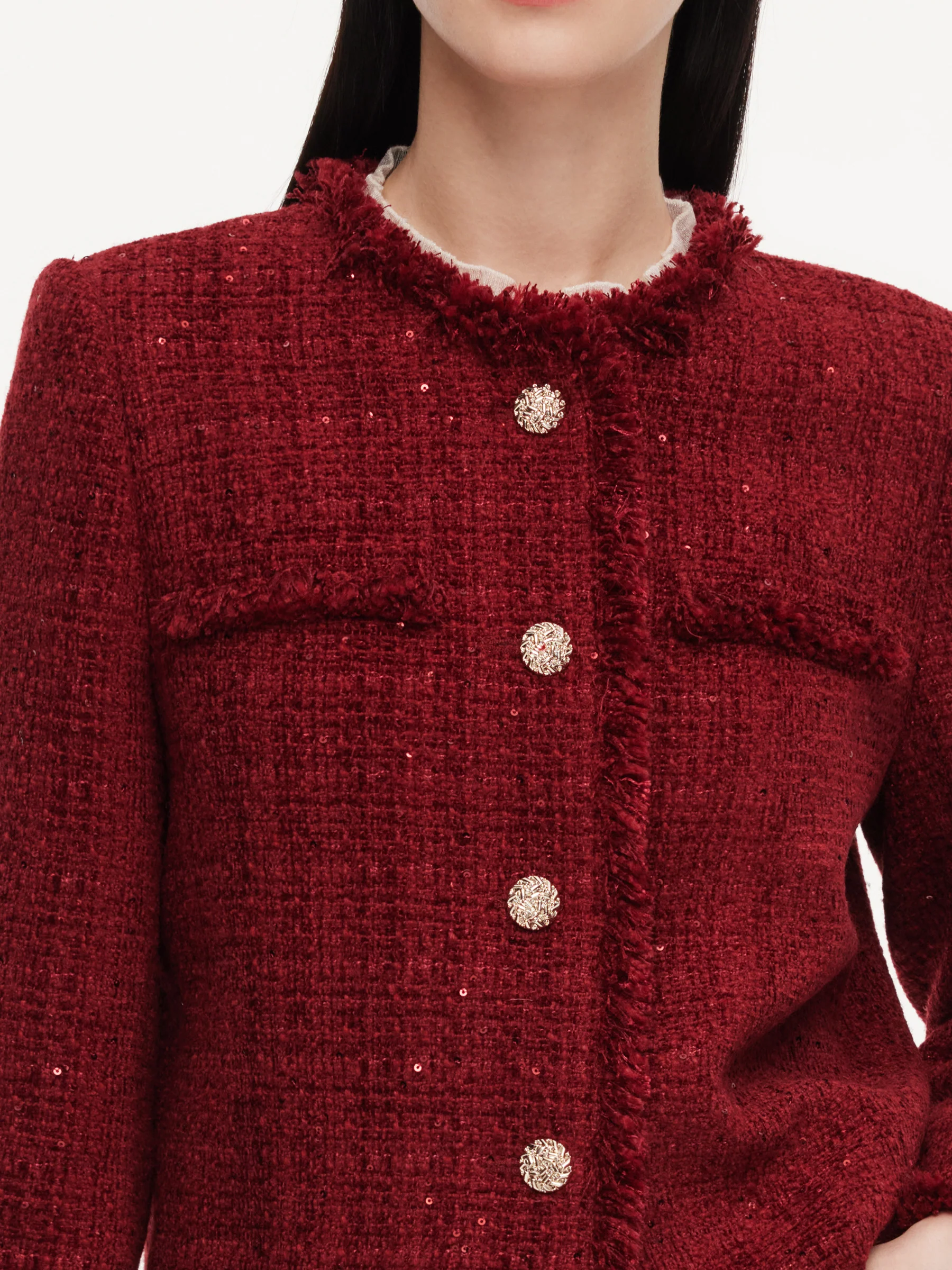 Wool Blend Tweed Sequins Fringe Trim Women Jacket - Image 7