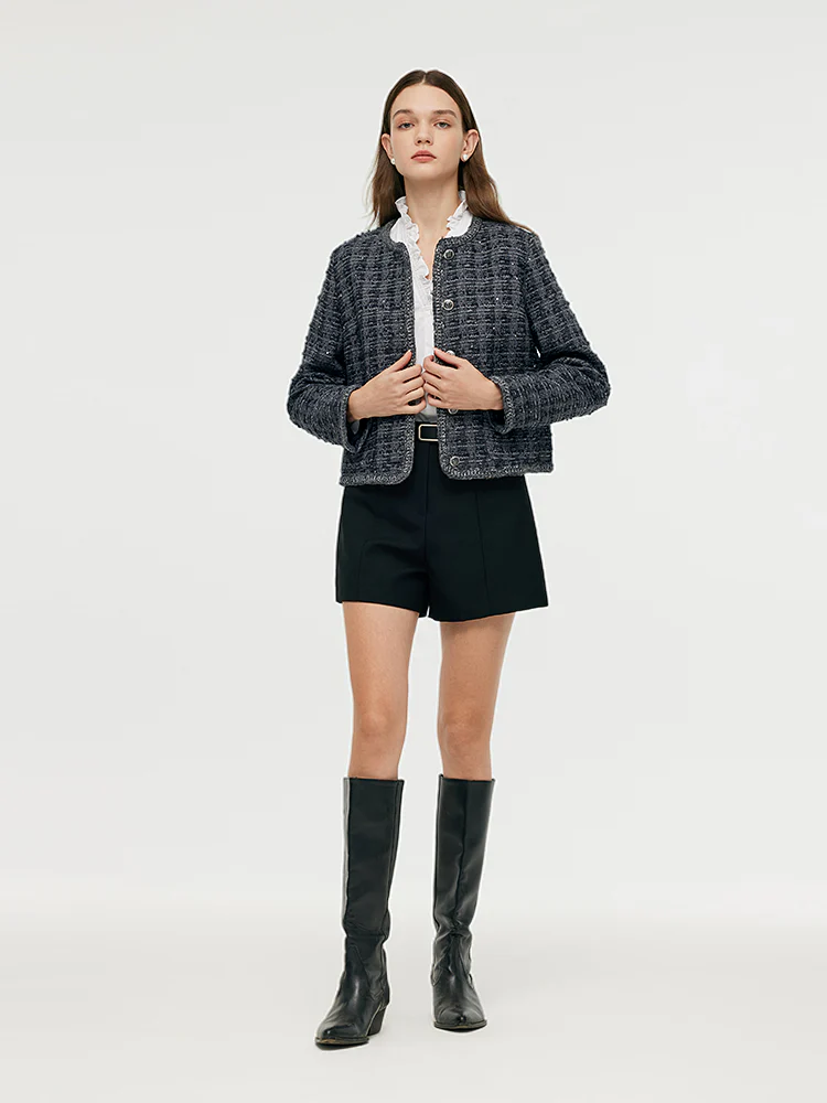 Wool Blend Tweed Sequins Women Crop Jacket - Image 4