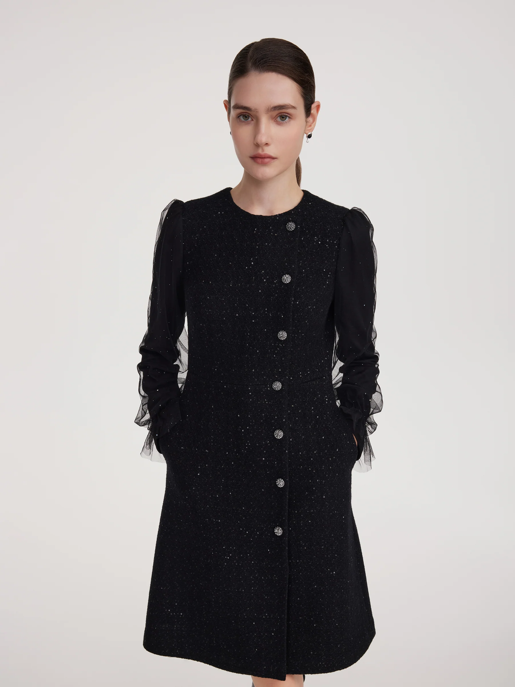 Wool Blend Tweed Sequins Women Long Sleeve Mini Dress - Image 4
