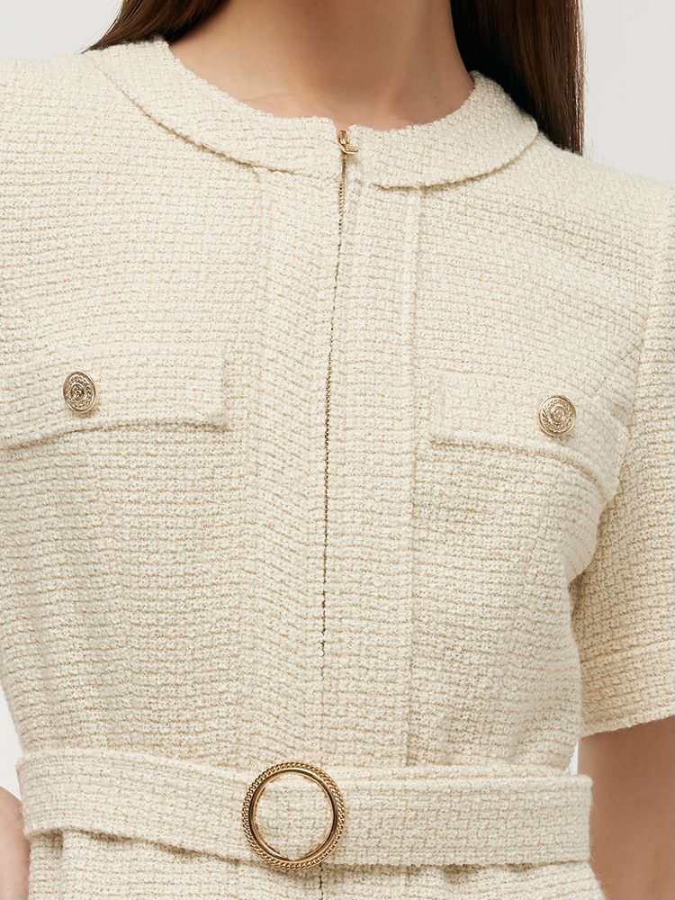 Wool Blend Tweed Women Mini Dress With Belt - Image 5