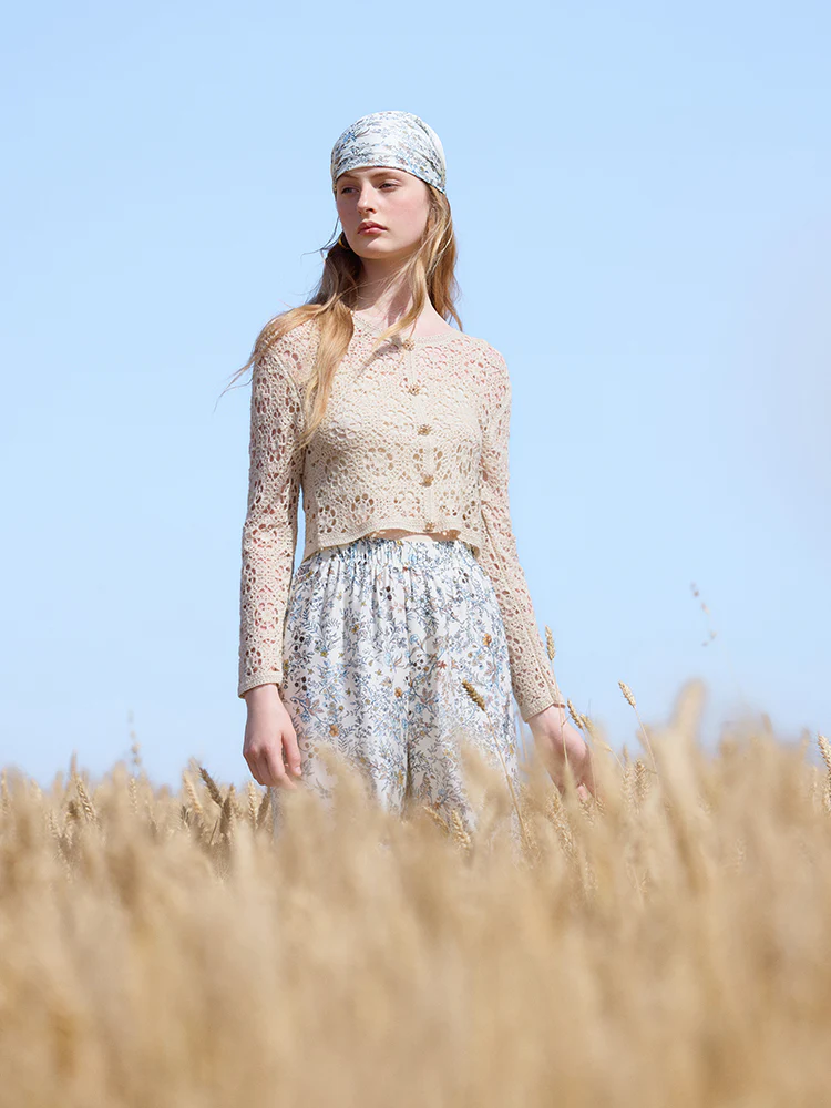 Wool Openwork Women Crop Knit Top With Camisole - Image 3