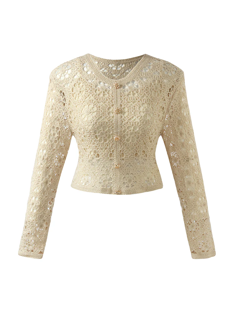 Wool Openwork Women Crop Knit Top With Camisole - Image 8