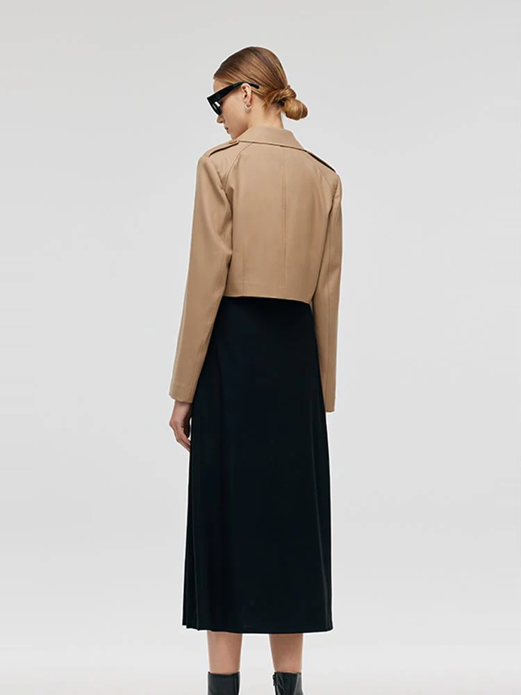 Worsted Wool Lapel Cropped Trench Coat And Acetate Midi Dress Two-Piece Set - Image 4