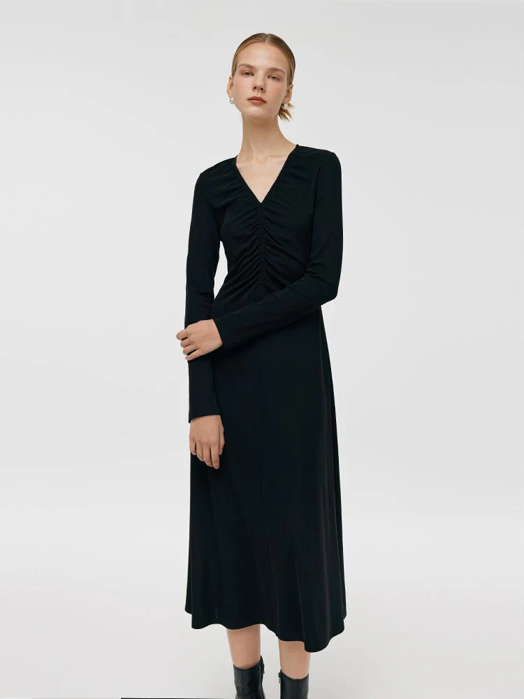 Worsted Wool Lapel Cropped Trench Coat And Acetate Midi Dress Two-Piece Set - Image 6