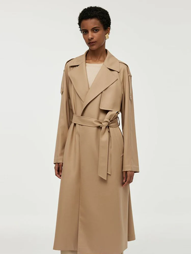 Worsted Wool Lapel Women Trench Coat With Belt - Image 11