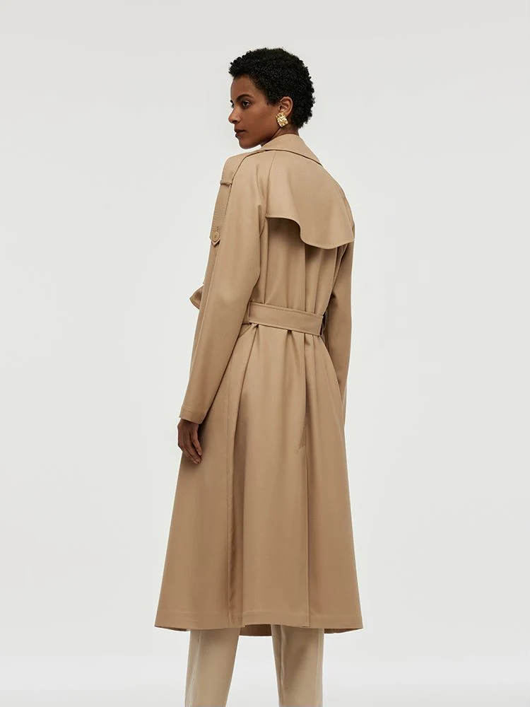 Worsted Wool Lapel Women Trench Coat With Belt - Image 13