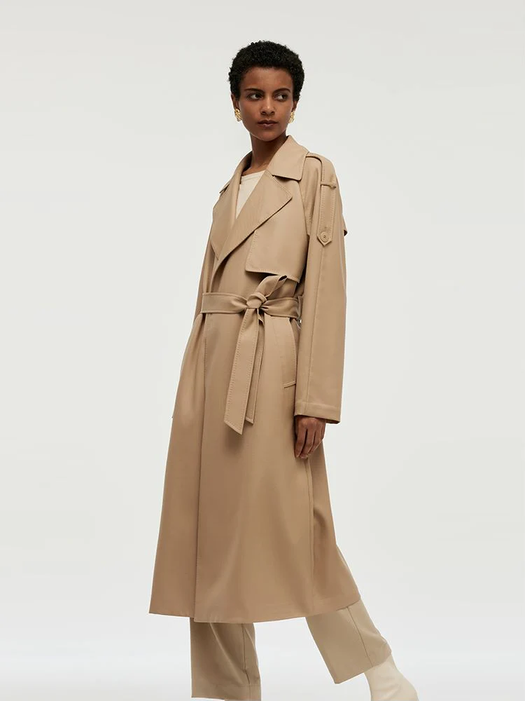 Worsted Wool Lapel Women Trench Coat With Belt - Image 14