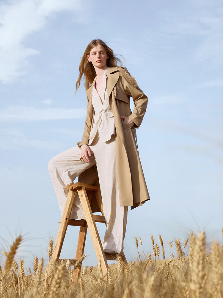Worsted Wool Lapel Women Trench Coat With Belt - Image 3