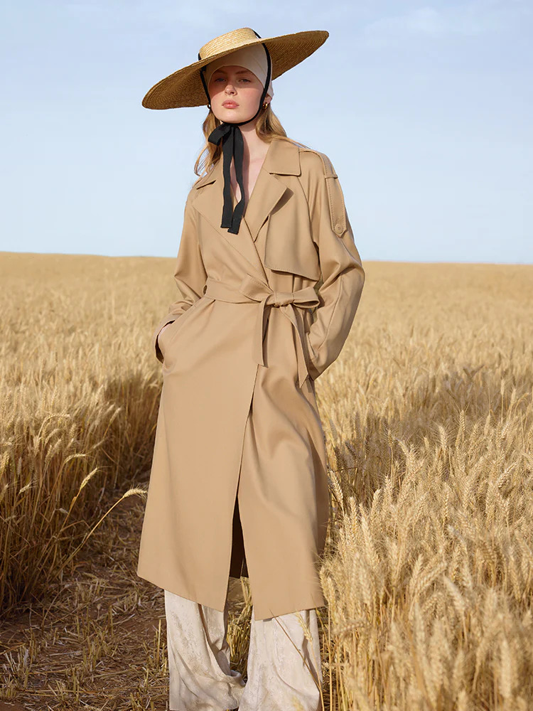 Worsted Wool Lapel Women Trench Coat With Belt - Image 4